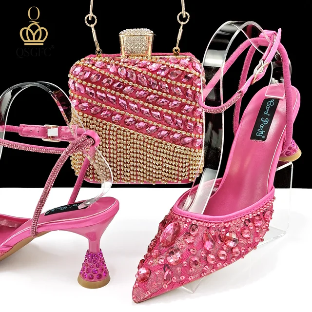 Chaussures et sac en papier violet brillant, sacs à main élégants, chaussures à talons moyens, belles chaussures faites à la main pour la fête de mariage 1