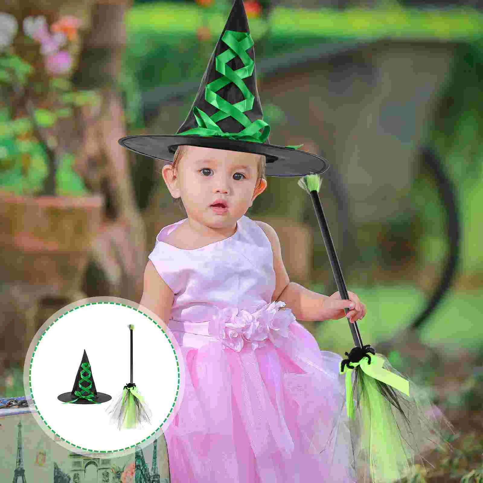 

Halloween Witch Hat Broom Kit Plastic Witch Flying Broomstick Props Kids Wizard Masquerade Cosplay Costume Party Decorations