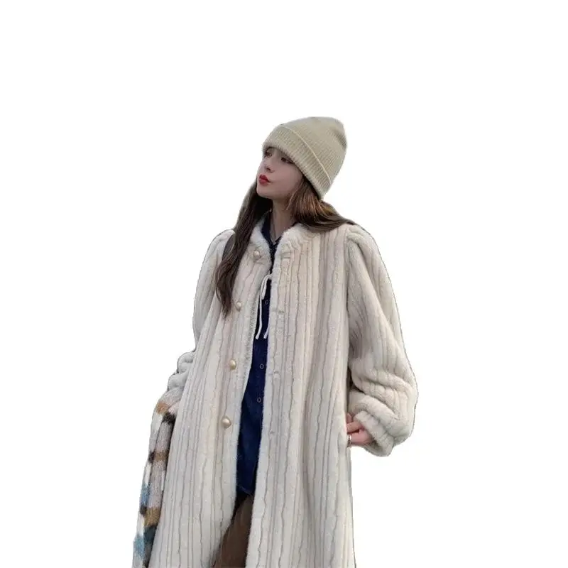 

Autumn Winter Mid-Long Lmitation Fur Overcoat Female 2024 New Fashion Stand-Up Collar Woolen Jacket Keep Warm Outerwear Female