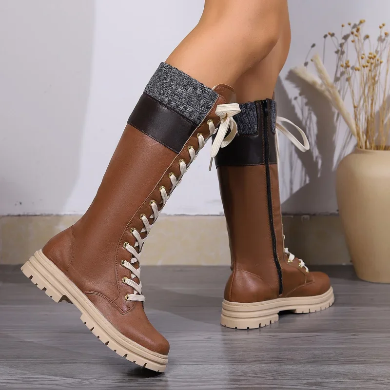 

High Tube Platform Western Boots for Women 2023 Autumn Winter New PU Leather Mid Calf Boots Woman Patchwork Non Slip Long Botas