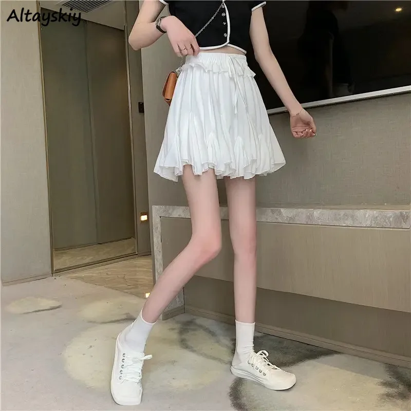 

Skirts for Women Mini White Lace-up Elastic Waist Korean Style Sweet Girls Age-reducing BF A-line Simple Summer Ballet Girlish