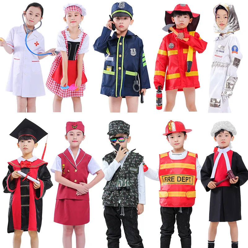 

Children Professional Play Uniform Kids Halloween Party Cosplay Costume Doctor Nurse Navy Astronaut Barber Workers Firemen Suit