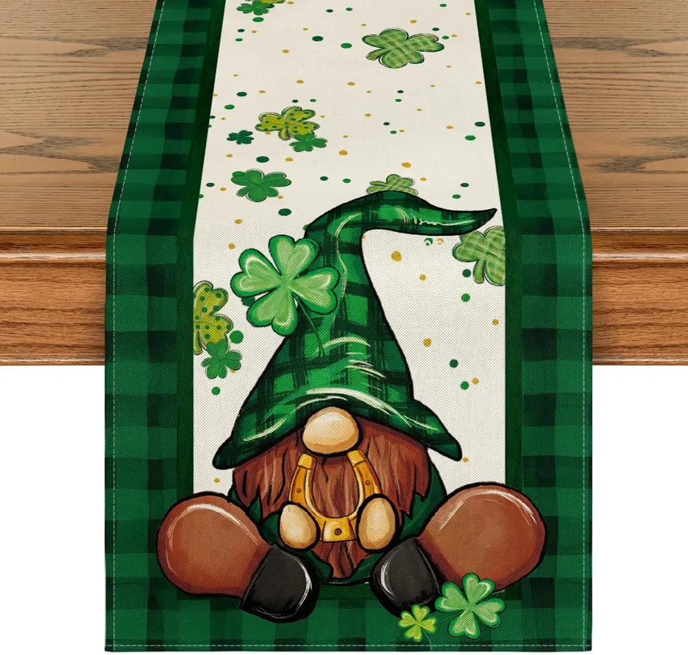 

Lucky Shamrock Buffalo Plaid Gnomes St. Patrick's Day Linen Table Runner Kitchen Dining Table Runner Outdoor Home Party Decor