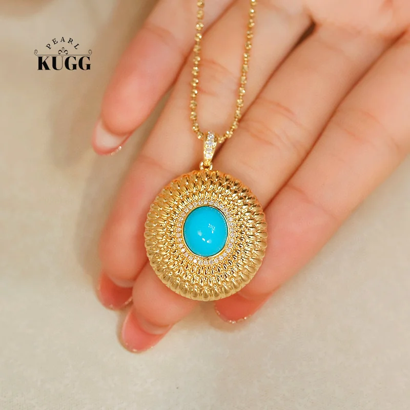 

KUGG 18K Yellow Gold Necklace Vintage Style Real Diamond Natural Turquoise Gemstone Pendant Necklace for Women Party Jewelry