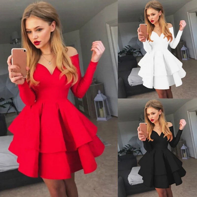 

Womens Plain Sexy Deep V-neck Long-sleeved Dress Ladies Ruffled Princess Dress Evening Dress Reds