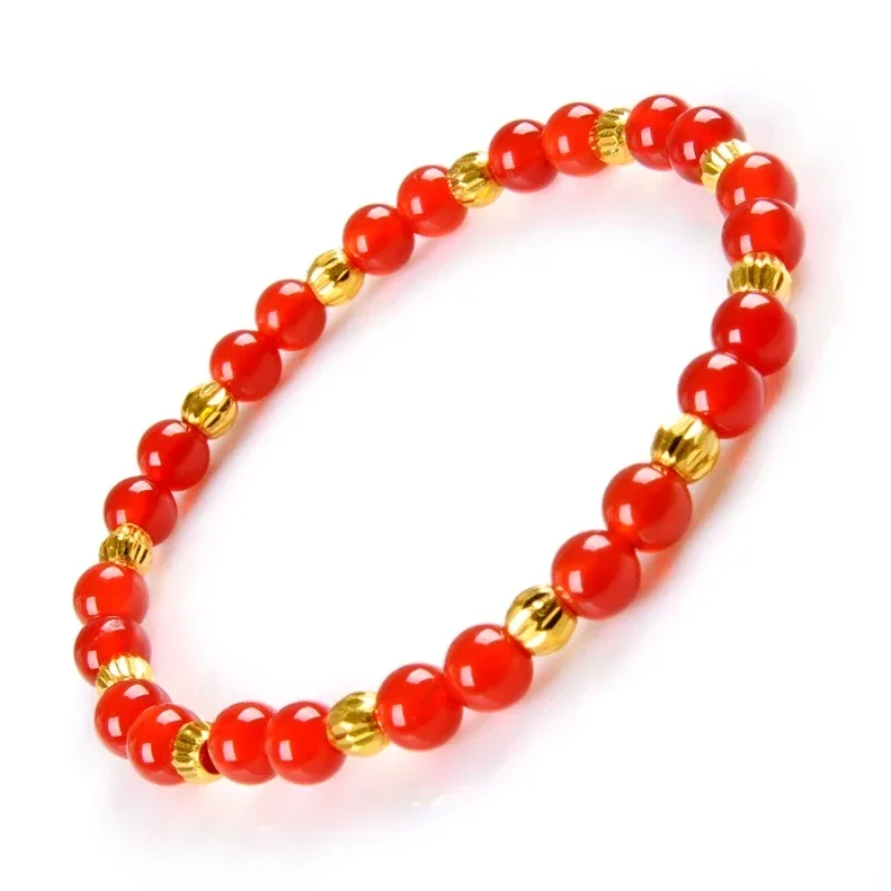 

Fine Pure 24k Yellow Gold Red Agate Bead Chain Women Bead Bracelet