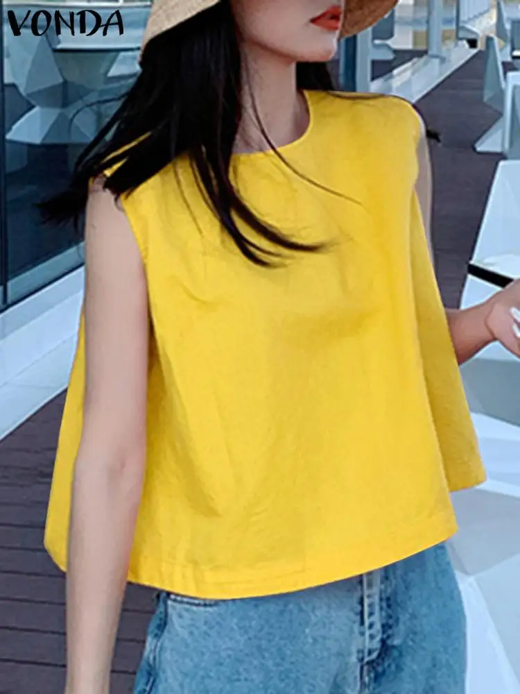

VONDA Women Summer Tops Loose Blouses 2024 Fashion Sexy Solid Color Casual Shirts O-Neck Elegant Sleeveless Blusas Femininas