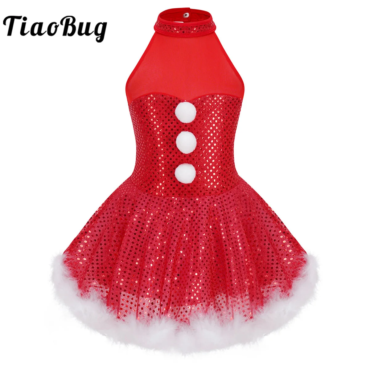 

Kids Girls Sequins Christmas Costume Snowman Cosplay Feathers Trim Xmas Party Figure Skating Dance Tutu Dress Ballet Leotard