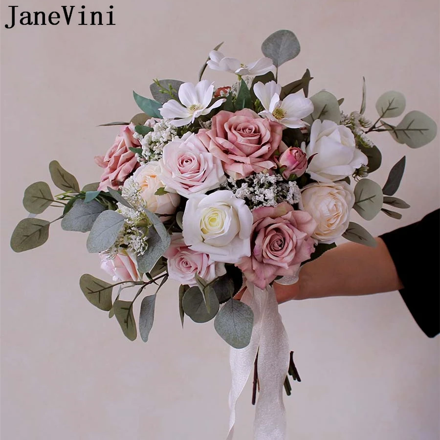 

JaneVini Vintage Blush Pink Roses Wedding Bouquets White Artificial Bride Flowers Eucalyptus Bridal Bouquet De Fleure Mariage
