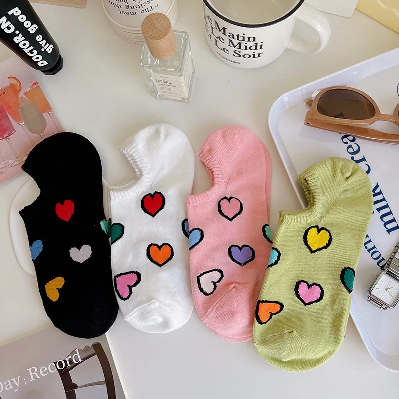 

4 Pairs 1 Lot Ankle Socks Pack Women Kawaii Love Heart Short Summer Cotton Sock Set Sweet Style Cute Shallow Mouth Low Cut Mujer