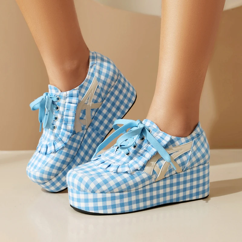 

New Women's Flat Platform Shoes Thick Soles Plaid Fabric Lace Up College Style Student Height Increased Loafers Flats Size 47 48
