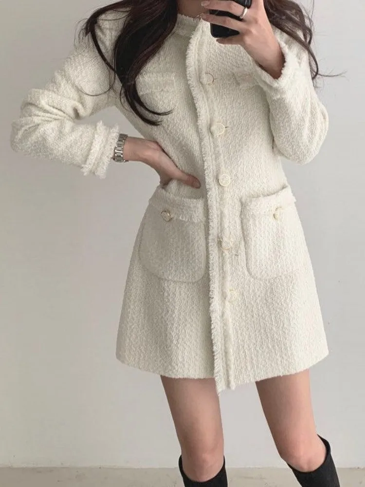 

Fall Winter Korean Tassels Woolen Coat Women's Femme Warm Runway Tweed Long Jacket Elegant Dress Overcoat Casacos