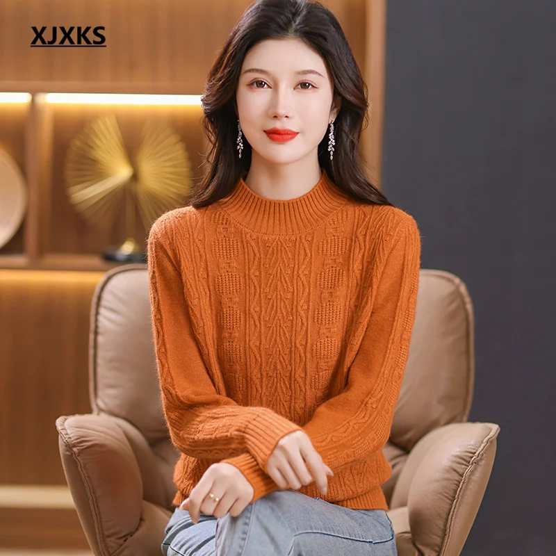 

XJXKS Solid Colour All-match Wool Knit Pullover Women's Turtleneck Sweaters Jumper 2024 Winter New High Quality Ladies Knitwears