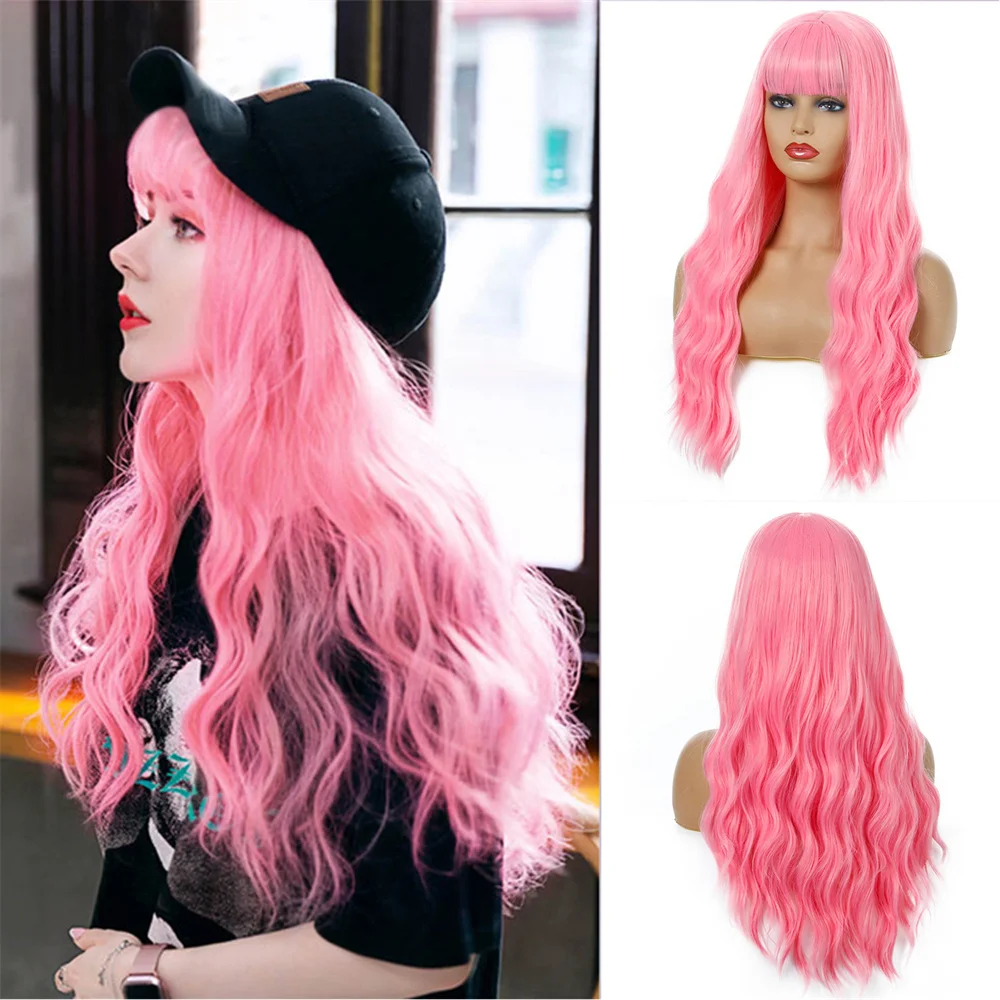 

26Inches Women's Long Curly Hair Fluffy Wavy Wig With Bangs Pink Black Brown Synthetic Chemical Fiber Headgear
