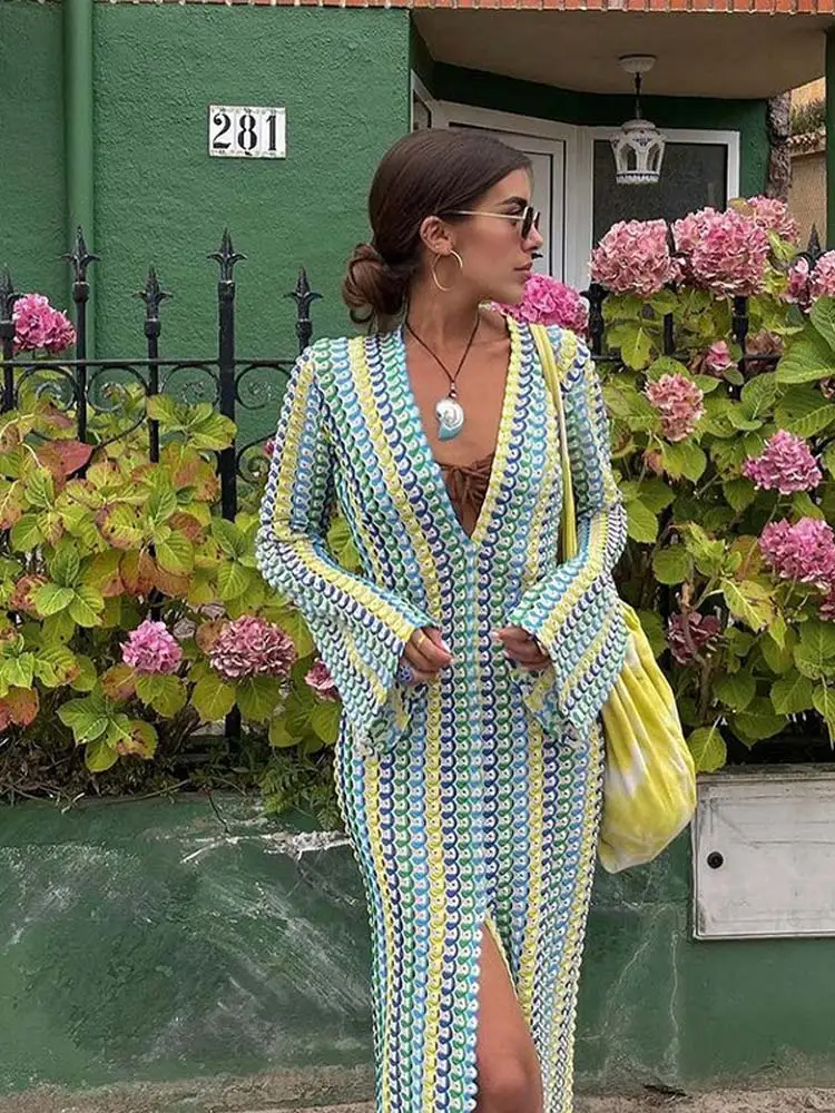 Fashion Colorful Striped Hooked Crochet Knitted Dress Women Deep V-Neck Flare Long Sleeve Split Dresses Autumn Lady Stre
Fashion Colorful Striped Hooked Crochet Knitted Dress Women Deep V-Neck Flare Long Sleeve Split Dresses Autumn Lady Stre