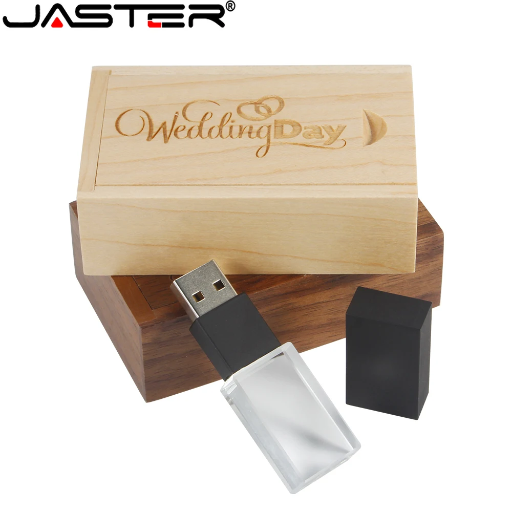 

JASTER Crystal USB 2.0 Flash Drives 64GB 32GB Free Custom Logo Creative Gift Pen Drive With Wooden Box Memory Stick U Disk 16GB
