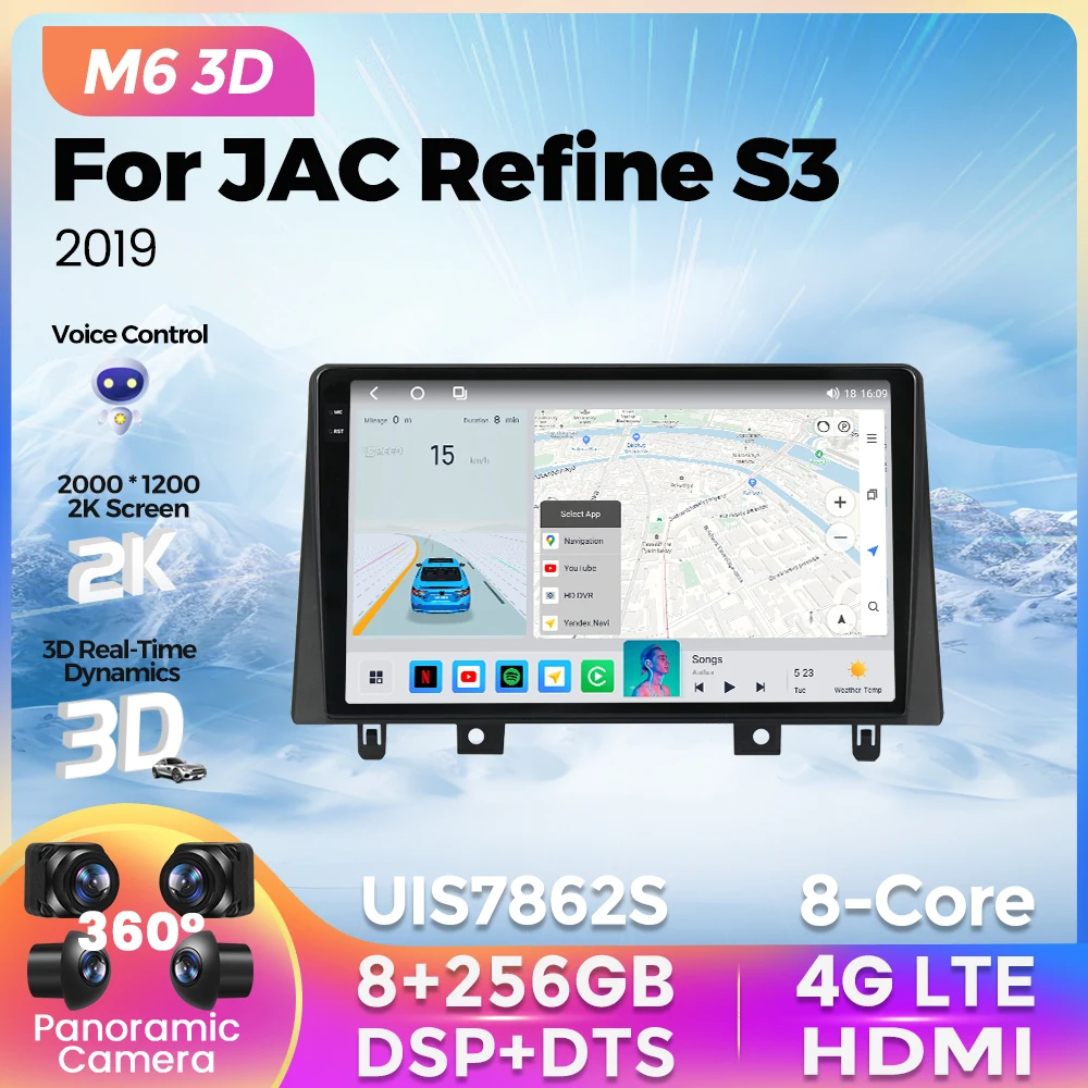 

M6 Pro 3D UIS7862S Беспроводной Carplay Автомагнитола 2Din 8G+256G Для JAC Refine S3 2019 Android 12 Навигация GPS Мультимедиа Видеоплеер