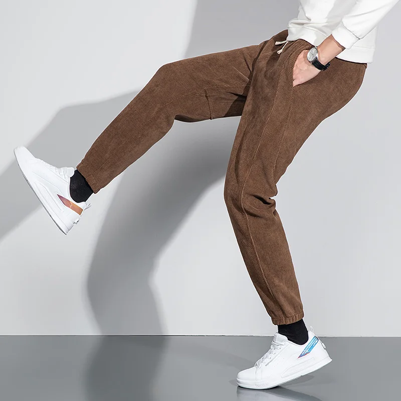 

Winter Men Thic Corduroy Pants Gray Khaki Fleece Lining Polyester Spandex Blended Fabric Cosy Trousers Comfy Clothes Male Wear