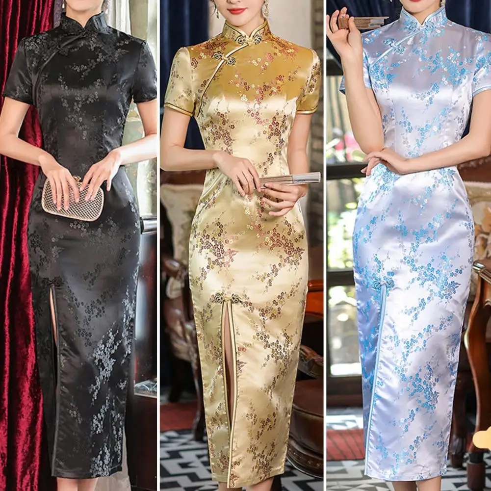

Lady Cheongsam Mandarin Collar Chinese Style Embroidery Plum Blossom Print Split Traditional Wedding Qipao Female Clothing 치파오
