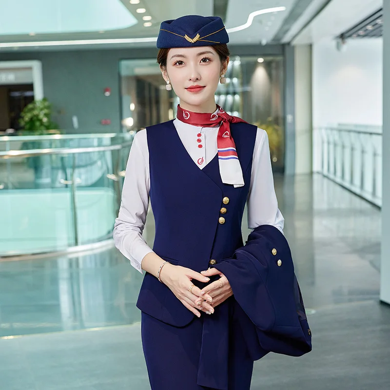 Good quality custom logo women vest pant skirt Style stewardess flight attendant uniform with hats flight attendants uniform
Good quality custom logo women vest pant skirt Style stewardess flight attendant uniform with hats flight attendants uniform