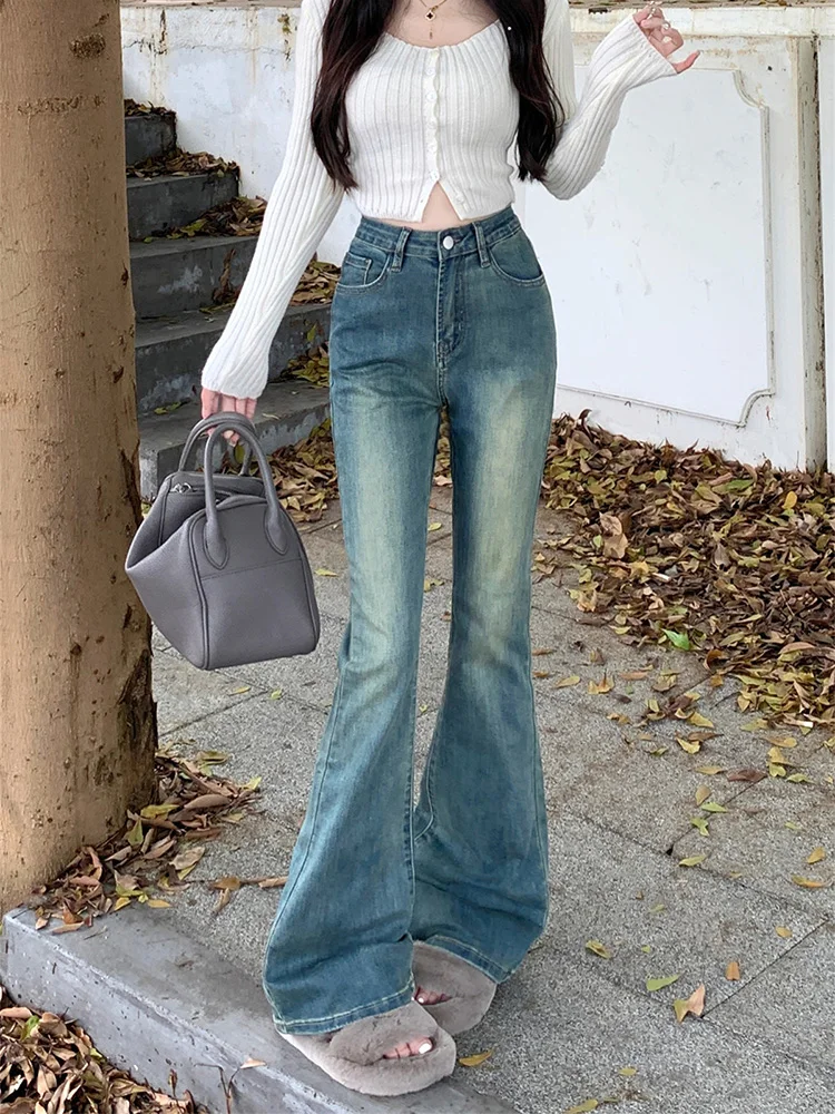 

Slergiri Korean Fashion Vintage Flare Jeans Women's Y2k Stretch Slim Trousers Streetwear Casual Ladies Bell Bottom Denim Pants