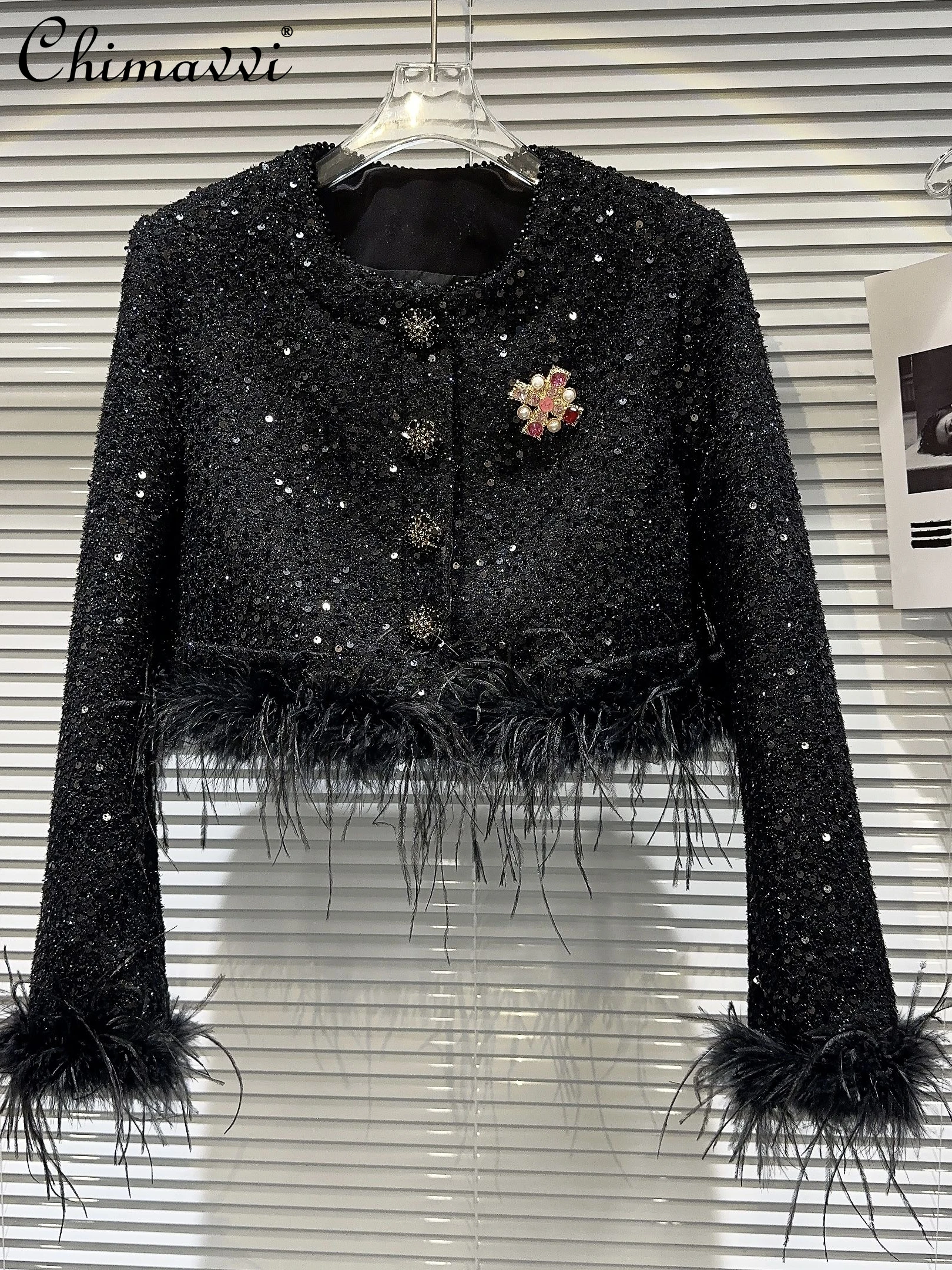 High-End Black Coat Autumn Fashion Ostrich Burr Colorful Crystals Brooch Sequined Tweed Coat Women Elegant Long Sleeve Jacket
High-End Black Coat Autumn Fashion Ostrich Burr Colorful Crystals Brooch Sequined Tweed Coat Women Elegant Long Sleeve Jacket