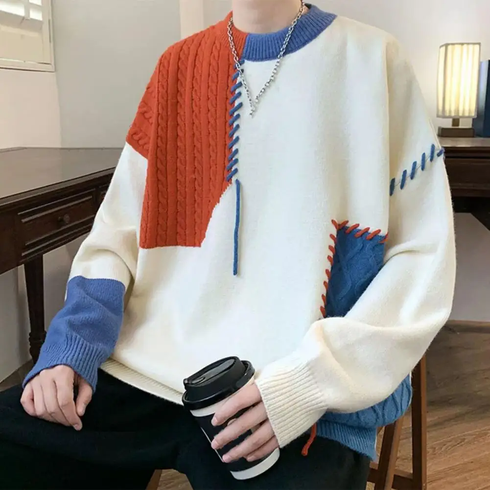 

Polyester Round Neck Sweater Cozy Knitted Men's Sweater with Warmth Style Thick Crew Neck Pullover with Contrast for Winter