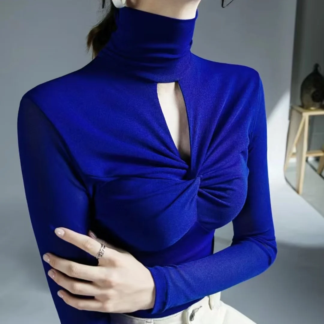 

Spring Autumn New Turtleneck Mesh Bottoming Shirt Women's Slim Fit Hollow Out Long Sleeved Tshirt Fashion Solid Color Top S-4XL