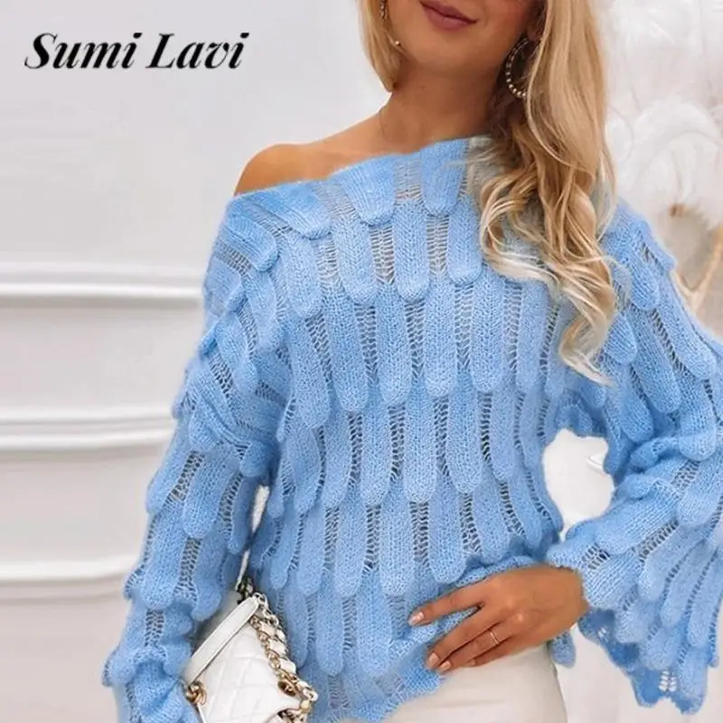 

Autumn Winter Elegant Textured Knitted Sweater Fashion O Neck Flared Sleeve Pullover 2023 Ladies Solid Color Hollow Out Knitwear