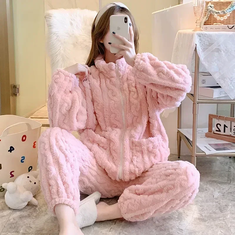 

Ladies Flannel Suits Zipper Wear Plush Sleep Set Pajamas Warm Loungewear Home Winter Sleepwear Homewear Autumn Lounge Women