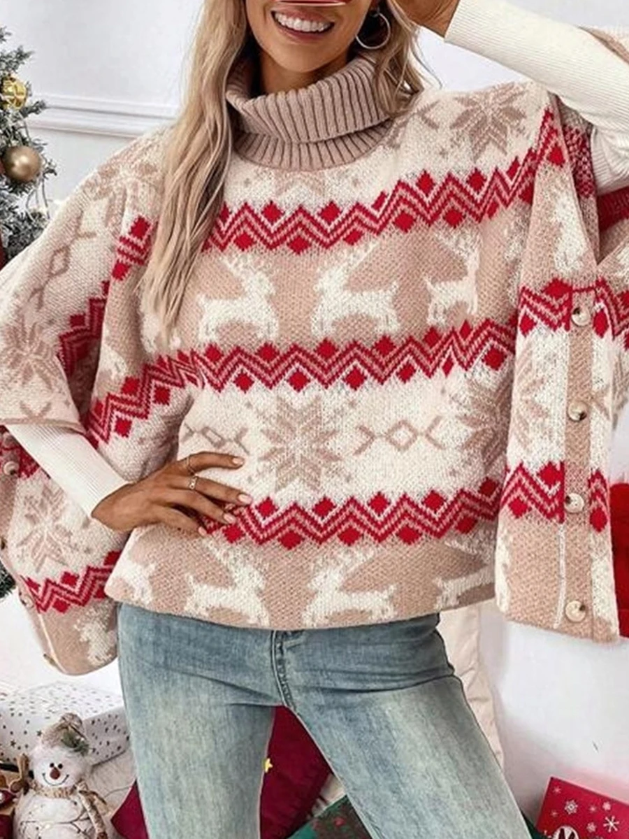 

Women Christmas Sweaters Classic Elk Snowflake Print Batwing Sleeve Turtleneck Pullover Knit Tops