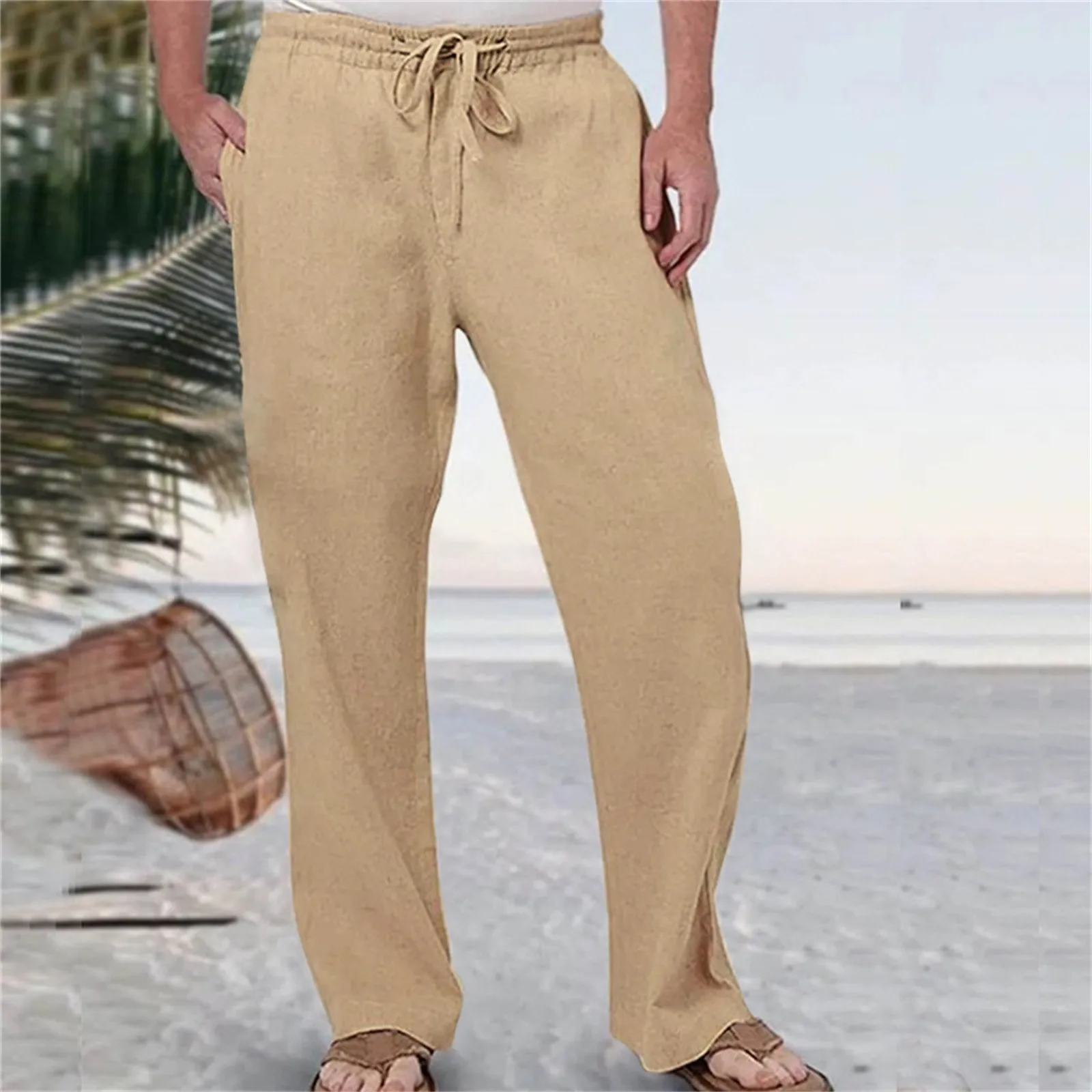 

Solid Color Mens Cotton Linen Pants Oversize Autumn Pocket Elastic Waist Trousers Large Size Sweatpant Tracksuit Male Bottomwear