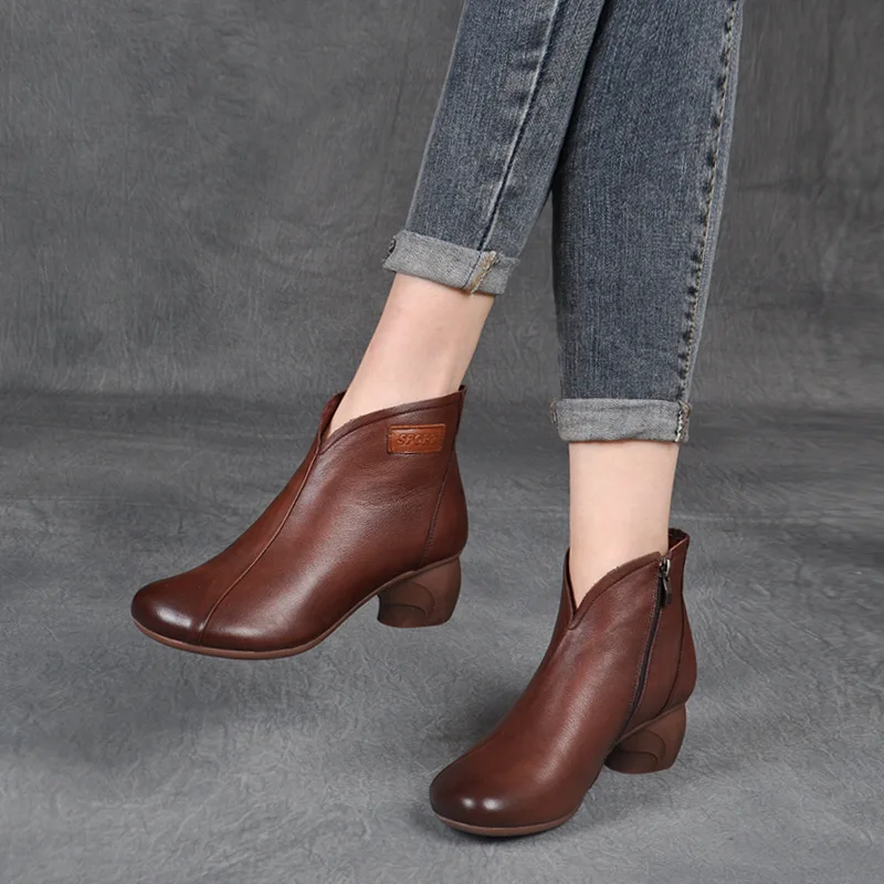 

Женские ботинки в стиле ретро ручной работы, короткие ботинки на толстом каблуке, полусапожки из натуральной кожи на среднем каблуке, обувь для весны и осени