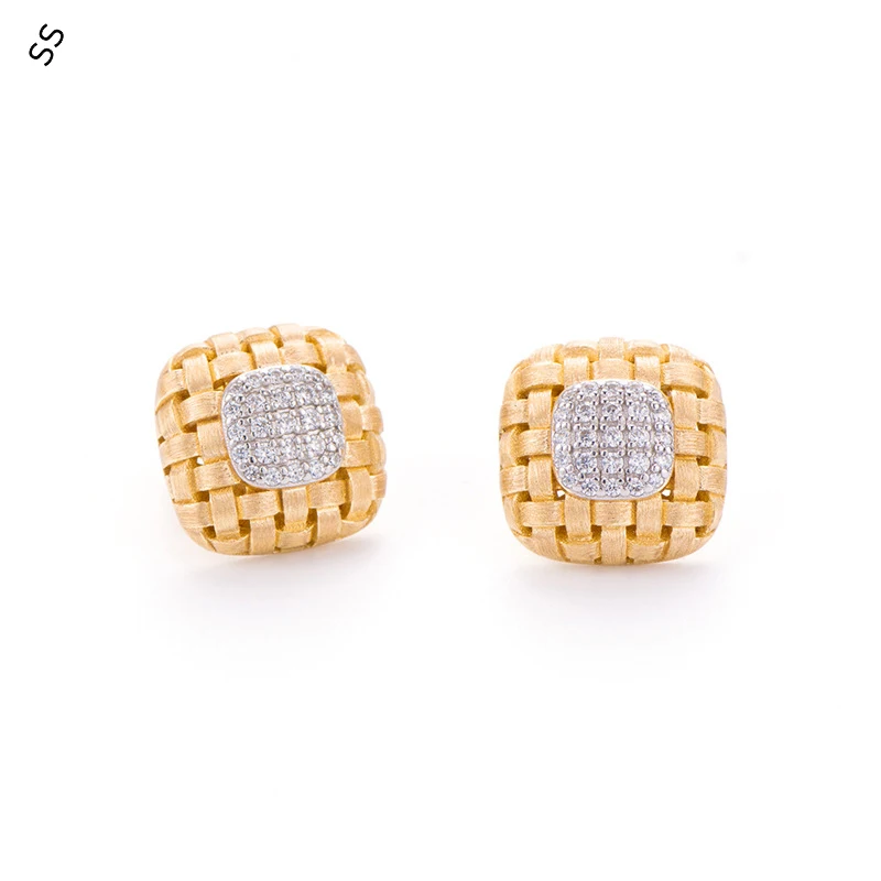 

Sterling Silver Raffia Woven Stud Earrings S925 Light Luxury Italian Brushed Ear-pin with Metal Inlaid 5A White Zircon Gems Fine