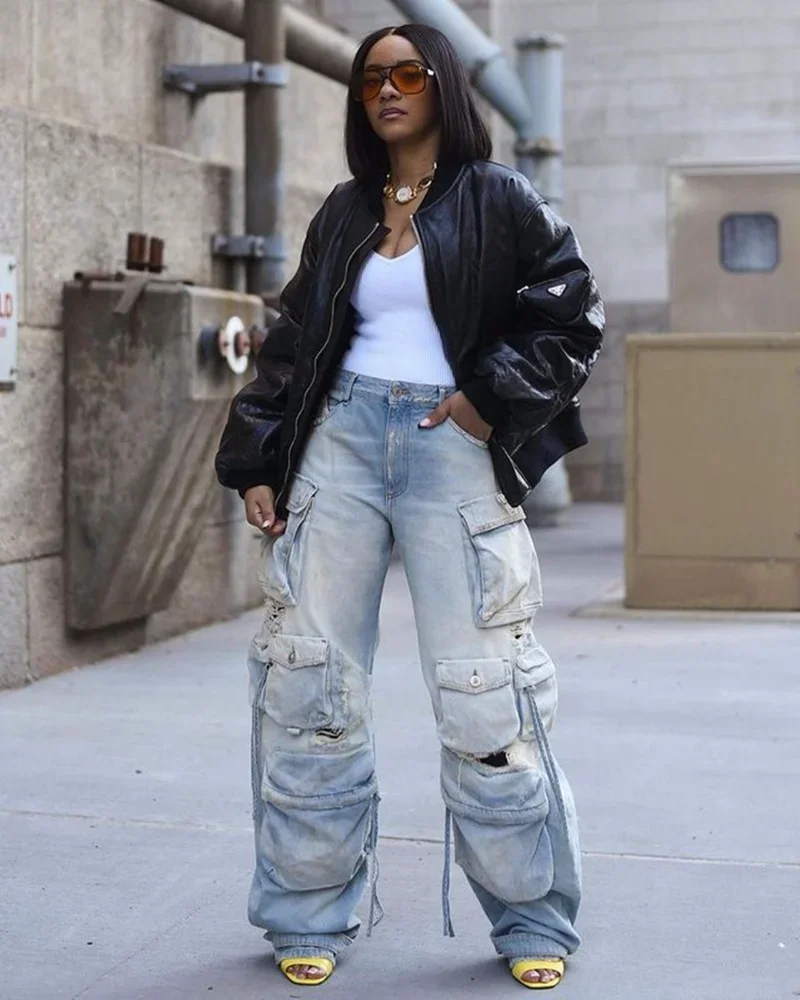

WUHE Safari Style Ripped Out Drawstring Hem Elastic Waist Multi Pocke Denim Pants 2024 Women Fashion Cargo Jeans Trousers