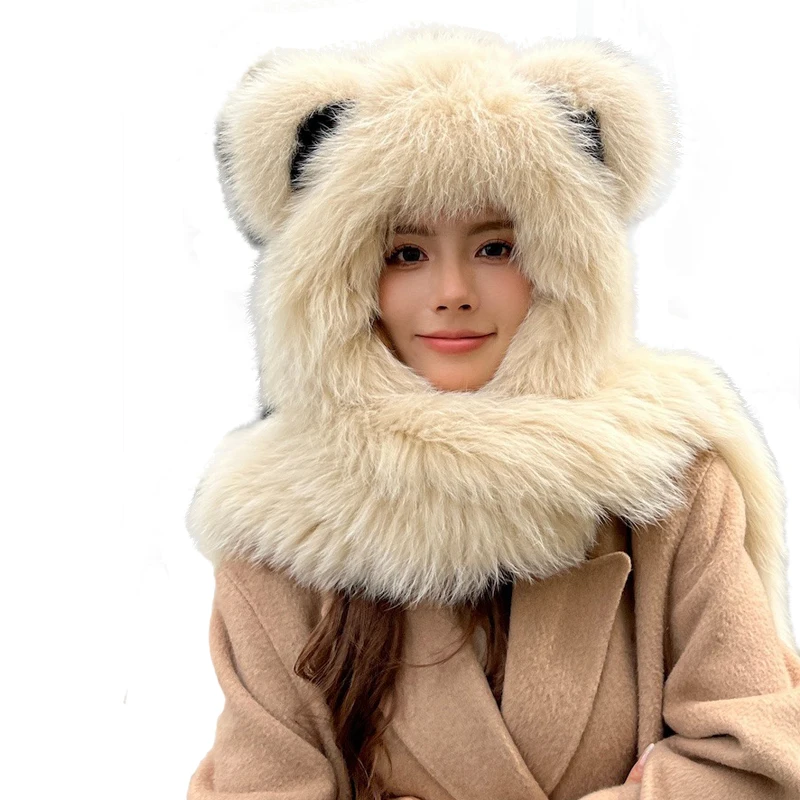 

Fox gur, teddy bear hat, scarf, integrated fur, wind and snow hat, women`s winter warmth, duoble-sided real fur, soft and cuye e