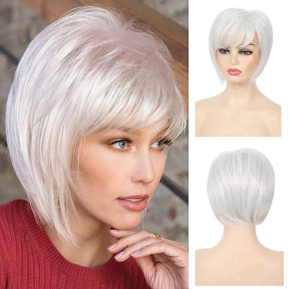 Short White Costume Wigs for Women Natural Straight Synthetic White Wig with Bangs Party Halloween Costume Cosplay Wig 
Short White Costume Wigs for Women Natural Straight Synthetic White Wig with Bangs Party Halloween Costume Cosplay Wig