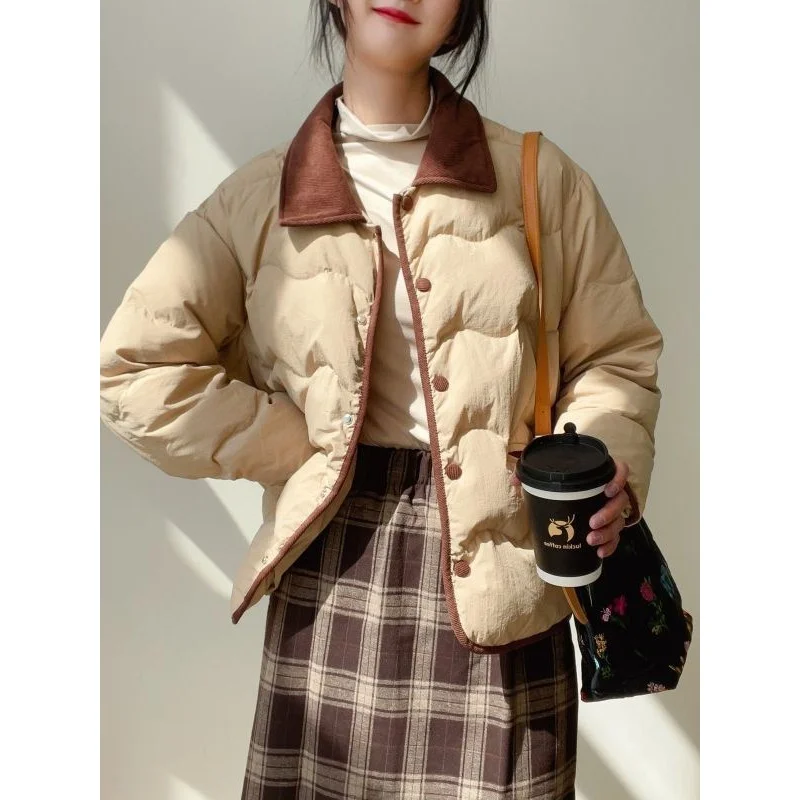 

Autumn and Winter 2023 New Corduroy Small Square Collar Short down Jacket Women's Casual Thickening White Duck down High Quality