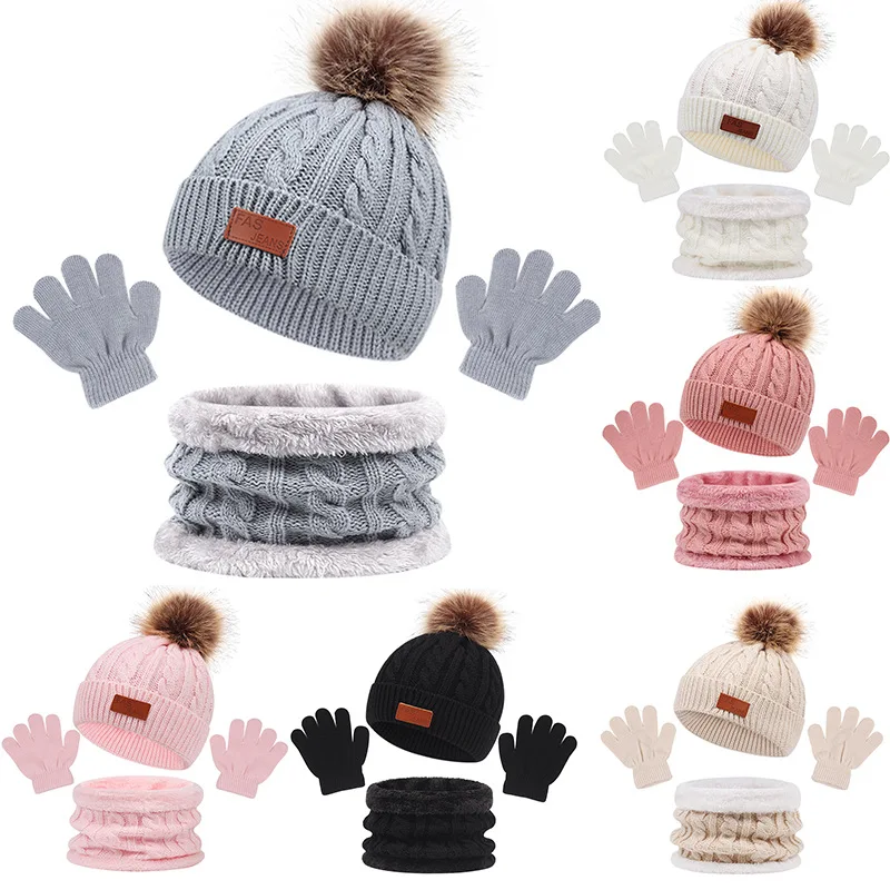 

Children Winter Warm Suits Knitted Hat Scarf and Gloves Set For Girls Boy Pompoms Baby Beanies Cap Christmas Gifts For Kids 1-5y