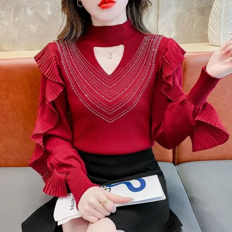 Women's Autumn Winter Fashion Solid Color Half High Neck Hollow Rhinestone Ruffle Edge Long Sleeve Slim Fit Sweater Shirt Tops
Women's Autumn Winter Fashion Solid Color Half High Neck Hollow Rhinestone Ruffle Edge Long Sleeve Slim Fit Sweater Shirt Tops