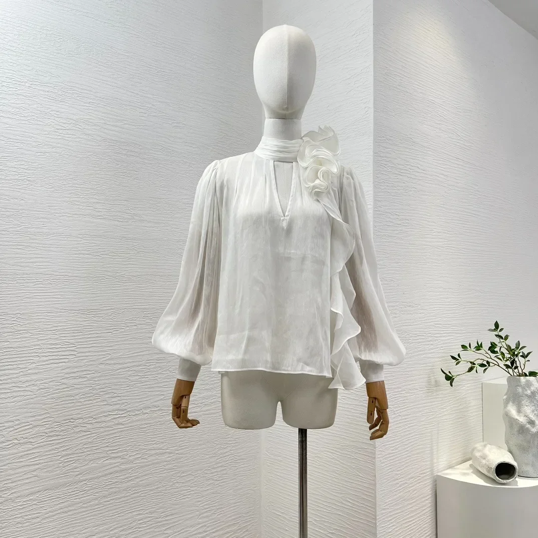 

2024 Linen Silk Clothing White Long Sleeve Flowers Appliqued Ruffle Turtleneck Women Blouse Tops Lady Female