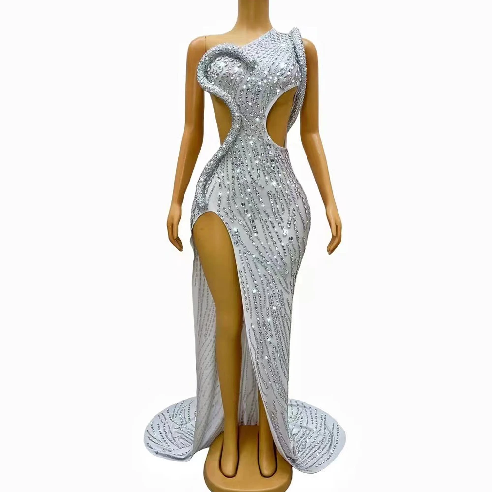 

Сексуальное роскошное серебряное блестящее платье с разрезом и длинным шлейфом, свадебное, вечернее, праздничное, сексуальное платье с большим хвостом