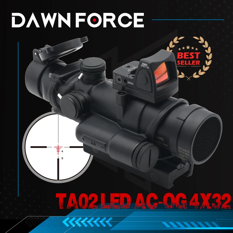 TA02 4X32mm Red LED Illuminated Riflescope with Mini Reflex Red Dot Sight for Hunting Airsoft Rifles with Full Markings
TA02 4X32mm Red LED Illuminated Riflescope with Mini Reflex Red Dot Sight for Hunting Airsoft Rifles with Full Markings
