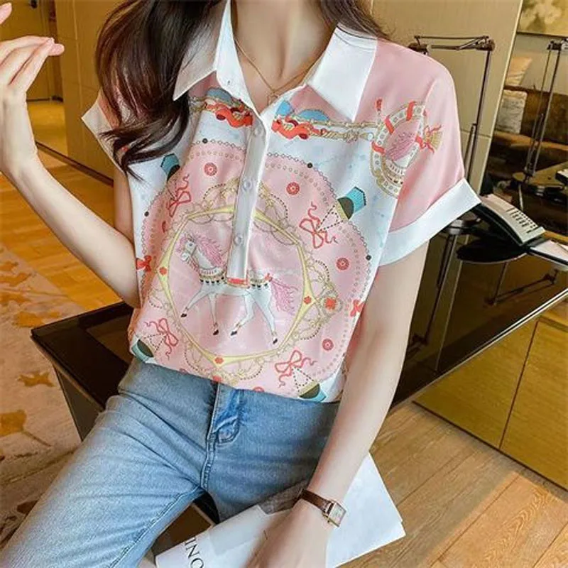 Women's Clothing Korean Casual Printed Polo-Neck Chiffon Blouse Summer Casual All-match Fashion Short Sleeve Shirt for Female
Women's Clothing Korean Casual Printed Polo-Neck Chiffon Blouse Summer Casual All-match Fashion Short Sleeve Shirt for Female
