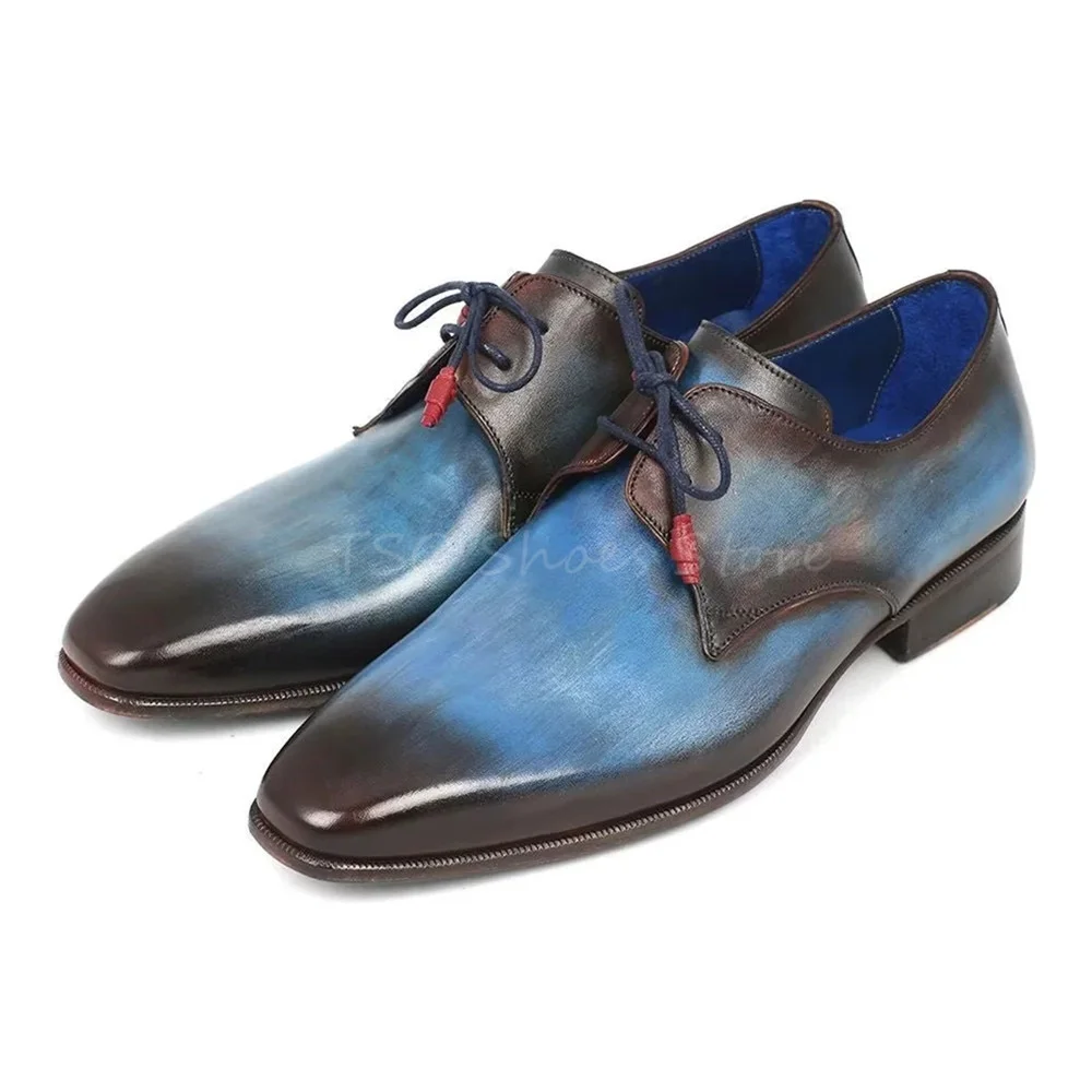 

Pointy Blue Leather Men's Shoes Retro Gentleman Cap-Toe Derby Oxfords Shoes Lace Up Brogue Shoes Cow Leather Paul Parkmen Shoes