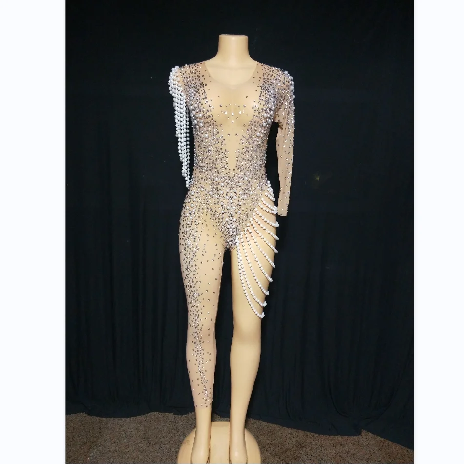 

See Through Birthday Stunning Gogo Dancer Outfit Costume Rhinestone Tassel Jumpsuit Women Sparkly Rompers Celebrate 2022 Leotard