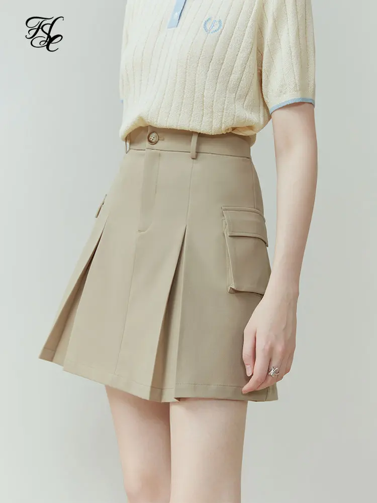 

FSLE Tooling All-match Khaki A-line Skirt for Women Summer Chic Design Short Skirt Pocket Design Sense Casual Female Mini Skirts