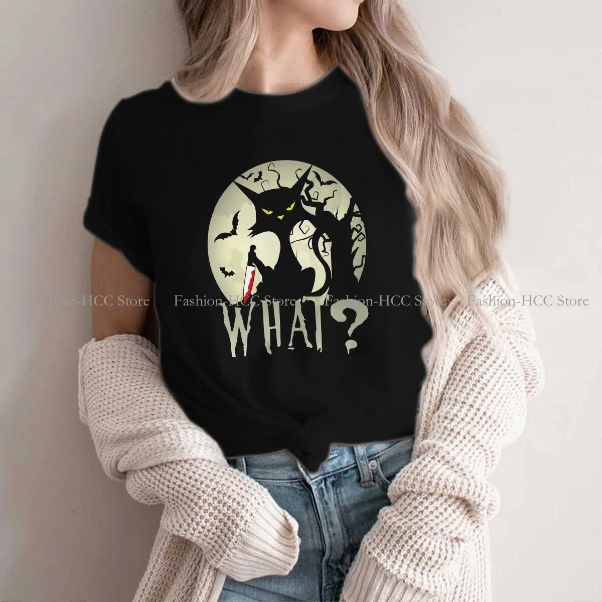 

With Knife Blood Hipster Polyester TShirts Cat What Murderous Women Style Streetwear T Shirt O Neck