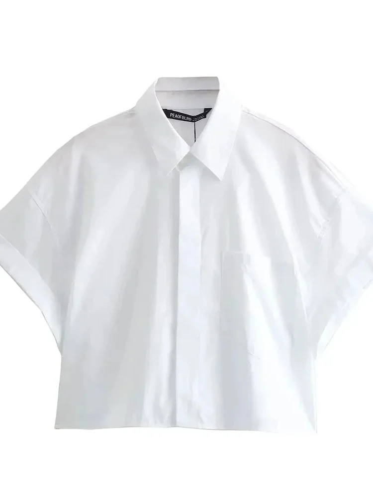 

Женская рубашка в Корейском стиле, укороченный топ из поплина в разноцветную полоску, Повседневная блуза с отложным воротником, коротким рукавом, передним карманом на пуговицах, Ретро стиль