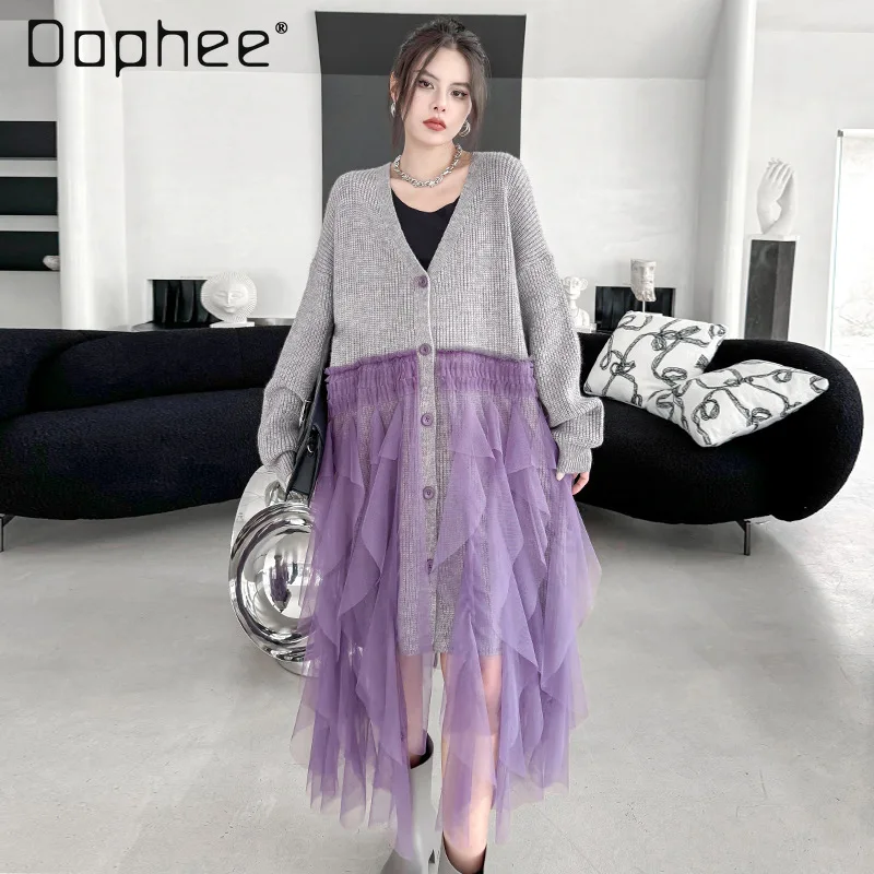 European Woolen Sweater Dress Autumn and Winter New Loose Women's Color Contrast Patchwork Mesh Mid-Length Knitted Cardigans
European Woolen Sweater Dress Autumn and Winter New Loose Women's Color Contrast Patchwork Mesh Mid-Length Knitted Cardigans
